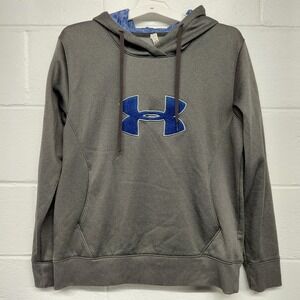Under Armour Hoodie Women LARGE Gray STORM Cold Gear Fitted Sweatshirt Blue Logo